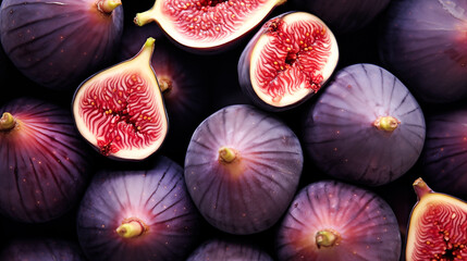 Organic fresh figs. Fresh slice of fig lying on a heap of ripe figs. Heap of tasty organic figs. Tasty figs background