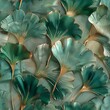 a beautiful image of multiple ginkgo leaves in fluorescent green and gold, in the style of shaped canvas, emerald and beige, hand-painted details, light gray and turquoise, elba damast, floral accents