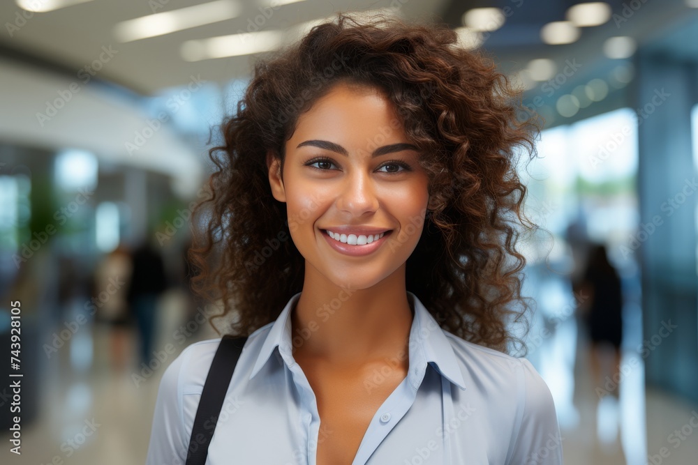 Portrait of a beautiful african american woman with curly hair standing ...