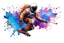 Watercolor Illustration Of An Astronaut Skateboarding In Space Isolate On Transparent Background