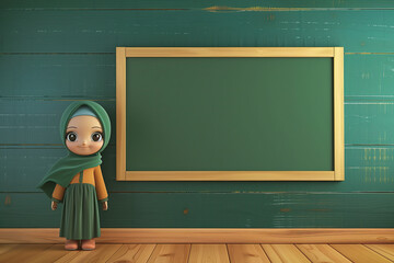 Wall Mural - 3d cartoon muslim woman with hijab next to the blackboard. ramadan kareem holiday celebration concept