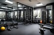 A home gym with a variety of equipment, mirrored walls, and rubber flooring