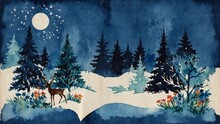 Vintage Bkue Winter Forest Landscape With Snow And Deer
