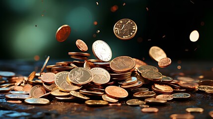 Coins falling, concept of economic abundance, financial stability