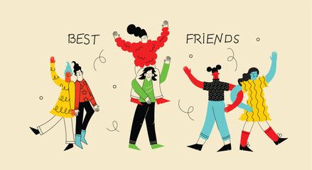 Wall Mural - Group of smiling woman enjoying friendship, support and cooperation isolated. Funny people demonstrate gesture of unity. Happy diverse female friends together vector flat illustration.