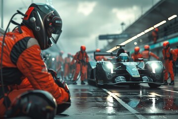 Experience the epitome of teamwork as a professional pit crew springs into action as their team's race car arrives in the pit lane during a crucial pitstop in a car race