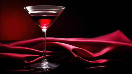 A martini glass with a red liquid on a red silk cloth with a dark red background.