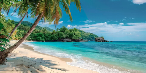 Wall Mural - tropical beach with palm trees and blue water,