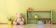 3D rendering of a teddy bear sitting in a room with a bookshelf and a bucket of toys.