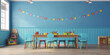 3D rendering of a classroom with chairs, table, toys and colorful pennants