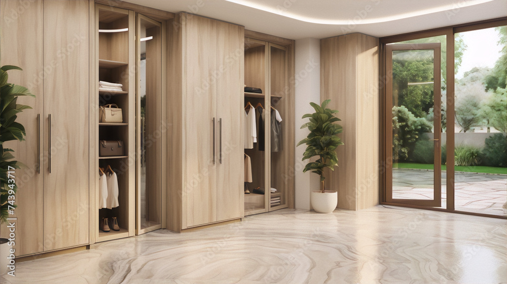 Showcase of modern home interior design with wooden closets and marble ...
