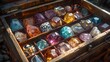 A classic wooden jewelry box filled with sparkling gems and trinkets, catching the light