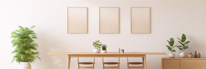 Wall Mural - Minimalist interior with wooden table and chairs, plants and empty frames on white wall in background