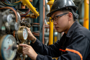 Poster - An engineer uses a pressure gauge to fill an industrial air conditioner