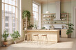 3D rendering of a bright and airy kitchen with large windows, plants, and wooden furniture in a minimalist style.