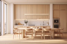 3D Rendering Of A Modern Kitchen With Wooden Cabinets And A Large Dining Table With Chairs In A Minimalist Style With Neutral Colors