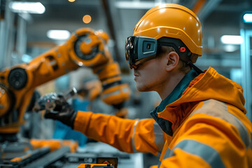 Poster - Man working at industrial robot in modern factory