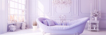 3D Rendering Of A Purple Bathtub In A White And Purple Bathroom With A Large Window And A Crystal Chandelier.