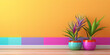 3D rendering of two potted plants in front of a multi-colored wall