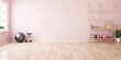 Pink yoga room interior with fitness ball, yoga mat and wooden shelf.