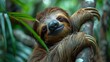 A humorous depiction of a sleepy sloth struggling to stay awake, with its eyes drooping and limbs