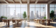 Office interior with wooden tables and chairs, plants, and a city view.