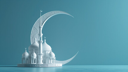 Wall Mural - 3d white muslim crescent with a mosque on it. ramadan kareem holiday celebration concept. design concept of ramadan kareem