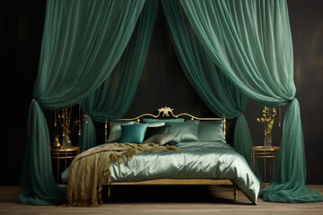 Bedroom with green curtains and golden decorations, art deco style