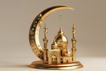 Wall Mural - 3d golden crescent in an oval shape with small mosque. ramadan kareem holiday celebration concept