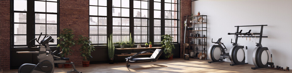 Wall Mural - Modern home gym interior with brick walls and large windows, exercise bike and rowing machine, natural light, plants, and city view in the background.