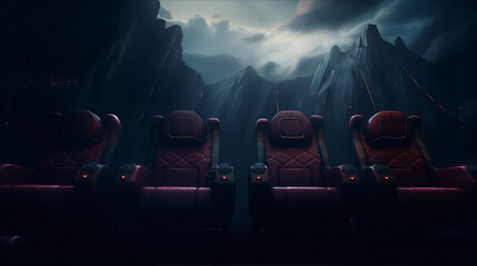 Wall Mural - Four red leather cinema chairs in a dark auditorium with a stormy sky and mountains in the background.