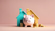 Minimalist 3D Piggy Bank, House, and Coins. Simplified Saving Money Background for Financial Plan, Property Investment, Home Loan Banner.
