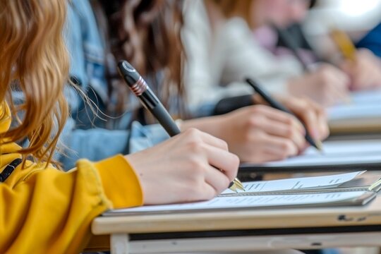 Primer plano de estudiantes tomando apuntes en un salón de clases, enfocados en la lección