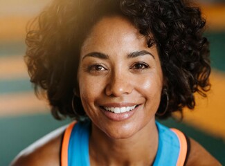 Poster - Afro american female runner sportswoman/athlete on the park, training at the morning. Smiling face closeup.