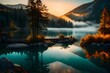 A vibrant sunrise over a serene mountain lake, with mist gently rising from the water, casting a magical glow on the surroundings.