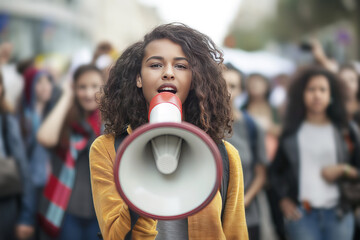 Woman is shouting a megaphone to the crowd in support of women's rights. Women's struggle for independence, equality and justice with freedom of speech. Women empowerment.