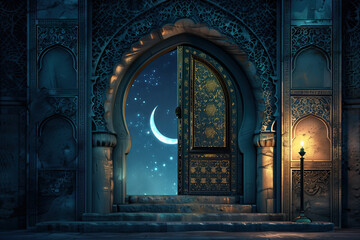 Wall Mural - an archway in a ramadan muslim at night with moon. Mosque at night time with moon light. ramadan kareem holiday celebration concept