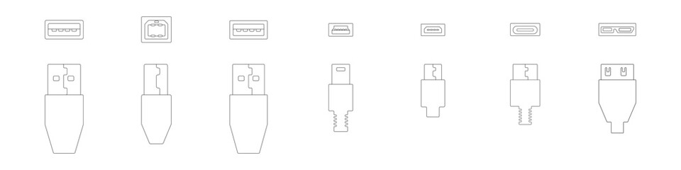 Fototapete - Usb icons set of different vector connectors. A set of icons of pedestrians on different connectors. Connector for phones, cameras, cameras, computers set.