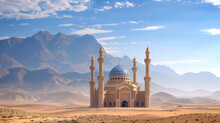 A Mosque In A Desert Landscape, With Blue Sky And The Mountains In The Distance. Ramadan Kareem Holiday Celebration Concept
