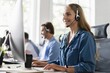 © opolja - Young friendly operator woman agent with headsets working in a call center.