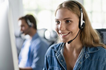 Wall Mural - Young friendly operator woman agent with headsets working in a call center.