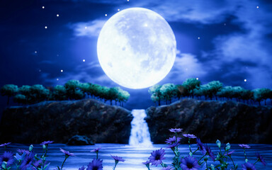 Wall Mural - Waterfall cliff. Full moon night. Blue tone. Forest nature. Mountains and waterfalls. Glowing at night. Fantasy style. 3D Rendering