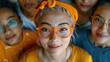 A close-up of a young woman with freckles wearing orange glasses, surrounded by friends.