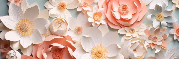Wall Mural - Elegant paper floral background banner in neutral tones. Panoramic web header. Wide screen wallpaper