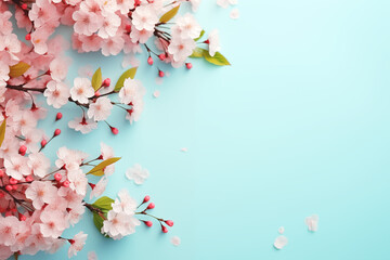 Wall Mural - Cherry blossoms on blue background with falling petals with copy space