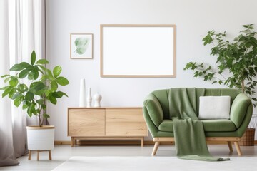 Poster - Living room interior with mock-up poster frame, wooden sideboard and sofa. Home green decor