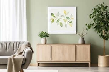 Poster - Living room interior with mock-up poster frame, wooden sideboard and sofa. Home green decor