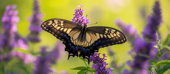 Canvas Print - A Papilio glaucus butterfly sits on a vibrant purple flower, showcasing its intricate patterns and colors.