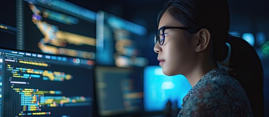 Asian it engineer coding software app with html script using firewall server encryption for web app development Female coder programming new user interface on multiple monitors. with copy space image