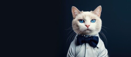 Poster - Adorable blue eyed white british cat wearing shirt and bow tie. with copy space image. Place for adding text or design
